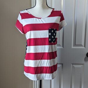 MonAmi Medium red white blue striped and polka dot top with front pocket